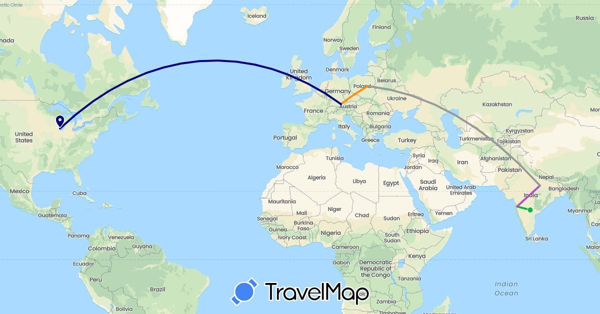 TravelMap itinerary: driving, bus, plane, train, hitchhiking in Germany, India, Poland, United States (Asia, Europe, North America)